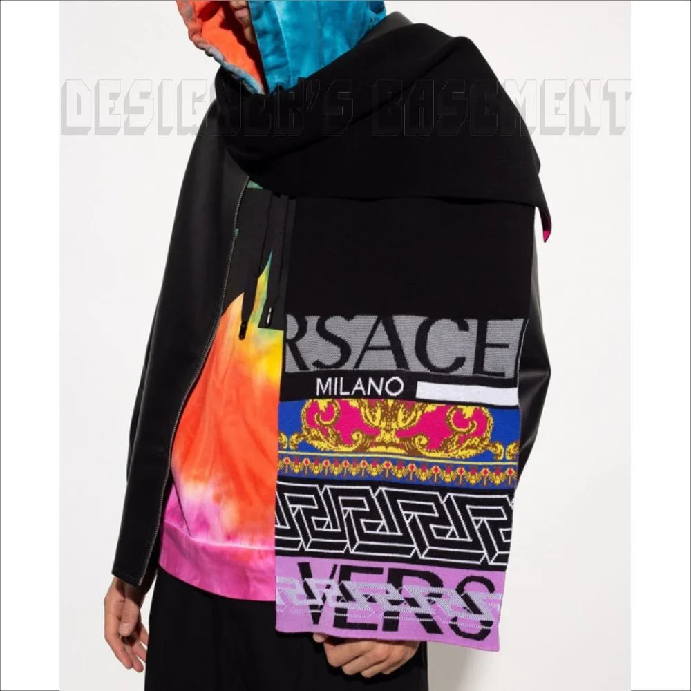 VERSACE Medusa Renaissance Greca Pattern Logo Intarsia wool blend knit scarf NWT - Picture 6 of 10